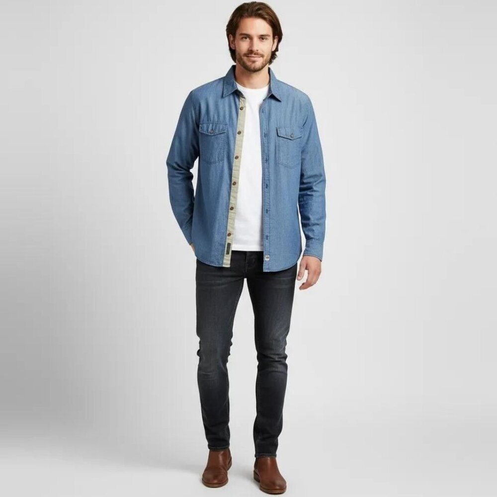 Bershka Men's Blue‎ Denim Chambray Long Sleeve Button-Down Shirt Size Large